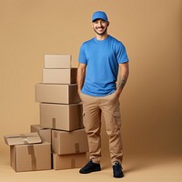 Smiling delivery guy cardboard t-shirt box. 