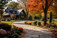 Autumn architecture outdoors driveway. AI generated Image by rawpixel.