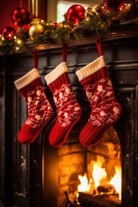 Christmas socks fireplace hearth red. 