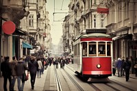 Old red cable car bus vehicle street. 