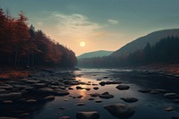 Rocky river moon wilderness landscape. 