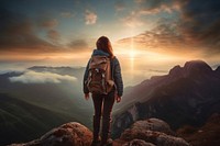 Female hiker adventure mountain standing. 