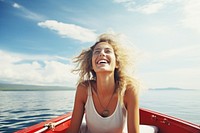 Happy young woman boat laughing vehicle. AI generated Image by rawpixel.
