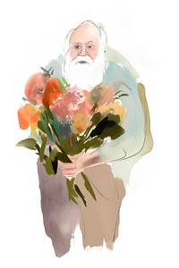 Old man holding flowers painting drawing plant. 