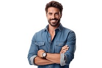 Man dressed in casual denim shirt adult smile white background. AI generated Image by rawpixel.