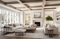 White living room architecture furniture fireplace. AI generated Image by rawpixel.