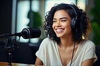 Woman recording podcast microphone headphones headset