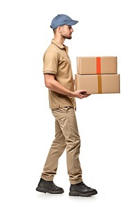 Deliveryman holding heavy boxs fullbody cardboard adult white background. AI generated Image by rawpixel.