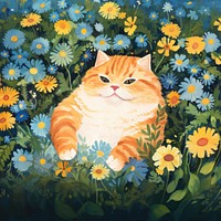 Chubby cat flower painting outdoors. 