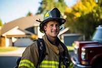 Firefighter standing helmet adult. AI generated Image by rawpixel.