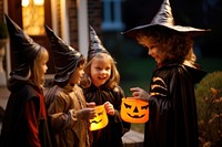 Group of children in Halloween costumes halloween adult jack-o'-lantern. AI generated Image by rawpixel.