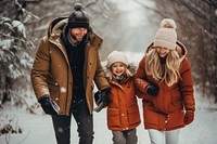 Family enjoying christmas snow outdoors winter. 