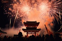 Japan fireworks festival architecture illuminated celebration. AI generated Image by rawpixel.