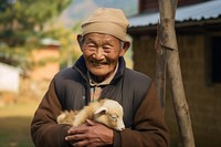 Bhutanese man smiling holding adult. 