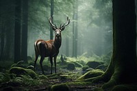 Red deer forest land landscape. 