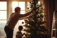 Father chrimas tree decorating todler. AI generated Image by rawpixel.