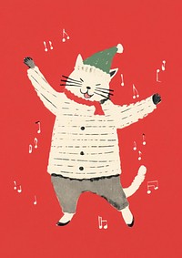 A Happy dancing cat celebrating Christmas wearing Santa hat art representation advertisement. 