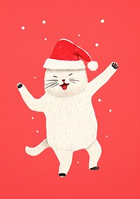 A Happy dancing cat celebrating Christmas wearing Santa hat christmas snowman winter. 
