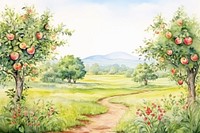 Apple orchard landscape outdoors painting. 