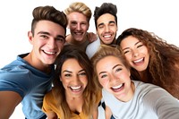 View selfie of six cheerful college friends laughing adult smile. AI generated Image by rawpixel.