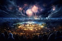 Fireworks architecture outdoors stadium. AI generated Image by rawpixel.