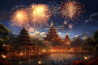 New years fireworks temple city. AI generated Image by rawpixel.