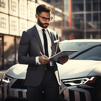 Suit is holding a tablet in front of a car vehicle adult man. AI generated Image by rawpixel.
