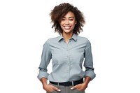 African american women standing smiling sleeve. 