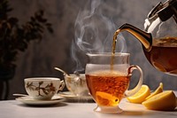 Transparent glass teapot pours tea mug table drink. AI generated Image by rawpixel.