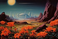 Flowers field on mars tranquility landscape mountain. AI generated Image by rawpixel.