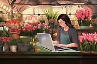 Chubby female florist laptop flower plant. AI generated Image by rawpixel.