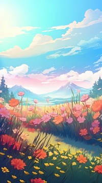 Meadow landscape flower outdoors. AI generated Image by rawpixel.