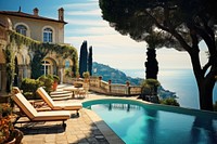 Italian villa architecture outdoors backyard. 