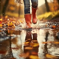 Woman legs wearing rain boots puddle footwear walking. 