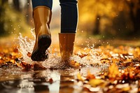 Woman legs wearing rain boots walking autumn puddle. 