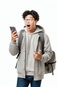 Surprised young Asian student surprised glasses holding. 