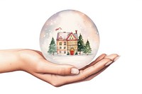 Hand holding snow globe christmas finger architecture. 