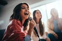 Latina teenage friends karaoke microphone laughing. AI generated Image by rawpixel.