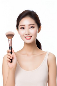 Photograph of *a Young Asian beauty woman with korean makeup style on face and perfect skin holding make-up brush*, happy, cute, make up tutorial, facial brush, cheek, makeup, Facial treatment, Cosmetology, plastic surgery, fullbody, isolated on solid white background --ar 2:3