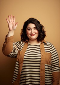 Chubby woman portrait hand smile. 