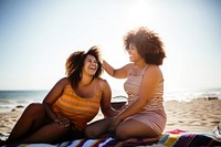Sunbathing laughing sitting beach. AI generated Image by rawpixel.