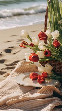 Beach picnic flower plant tranquility. AI generated Image by rawpixel.