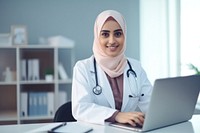 Woman muslim doctor computer stethoscope laptop. AI generated Image by rawpixel.