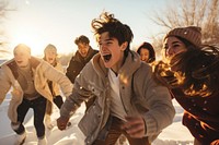 Snow fight outdoors adult togetherness. AI generated Image by rawpixel.