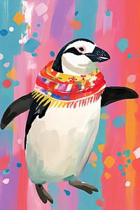 A panguin wearing a festive Christmas scarf penguin animal bird. 