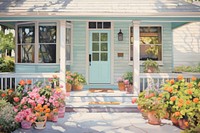 Suburb house front porch architecture building flower. 