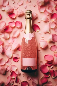 Champange bottle flower petal drink. AI generated Image by rawpixel.