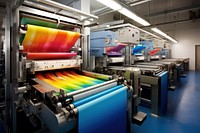 Modern printing press produces multi colored printouts accurately manufacturing machine factory. AI generated Image by rawpixel.