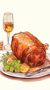 Christmas ham drawing dinner plate. AI generated Image by rawpixel.