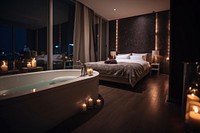 Bed furniture lighting bedroom. AI generated Image by rawpixel.